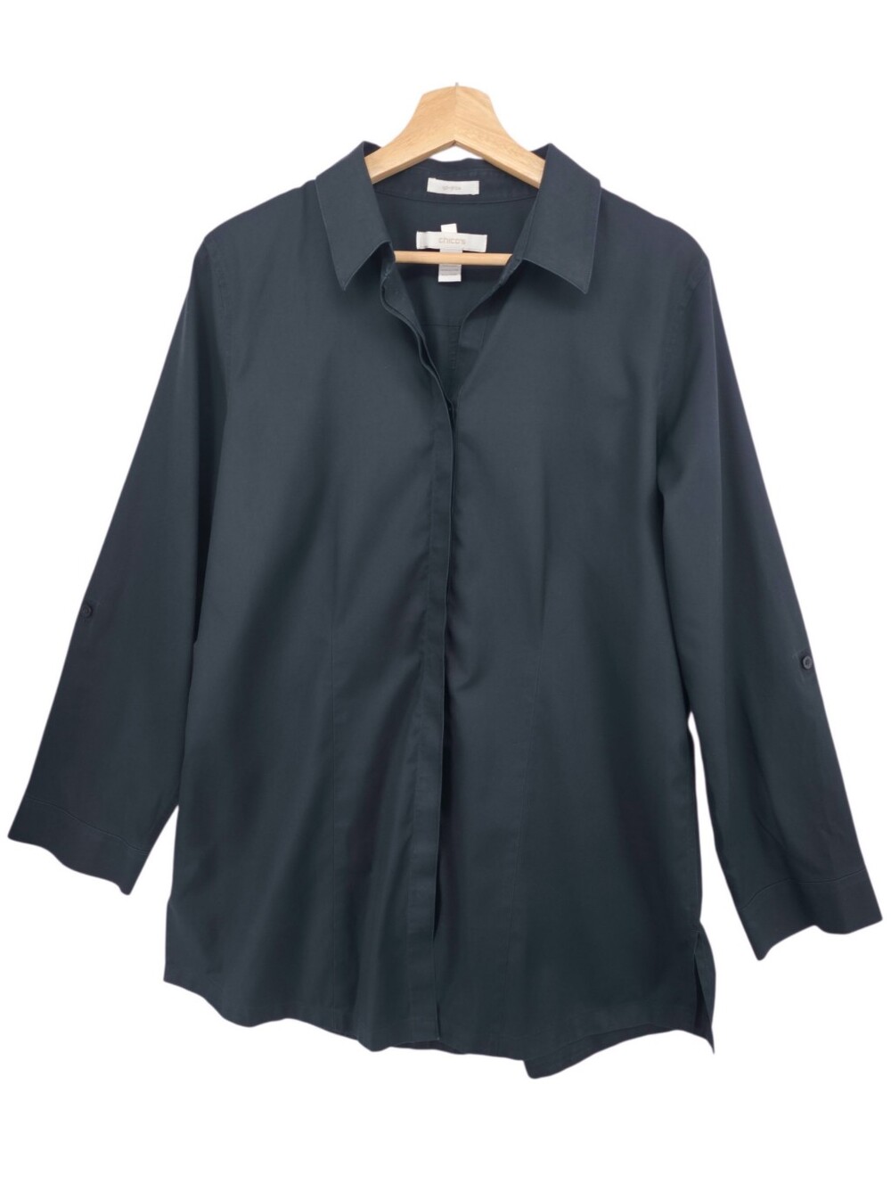 Chico's No Iron Black 100% Cotton Hidden Button Tunic Blouse Large Size 2
